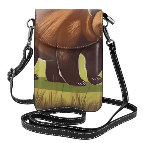 yefan Brown Bear Walking Damen-Umhängetasche, Handy-Geldbörse mit Reißverschluss, verstellbarer Schultergurt. von yefan