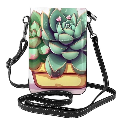 yefan Cartoon-Sukkulenten Damen-Umhängetasche, Handy-Geldbörse mit Reißverschluss, Schulter-Handtasche, verstellbarer Schultergurt. von yefan