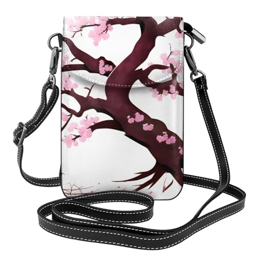 yefan Cherry Blossoms Tree Damen-Umhängetasche, Handy-Geldbörse mit Reißverschluss, verstellbarer Schultergurt. von yefan