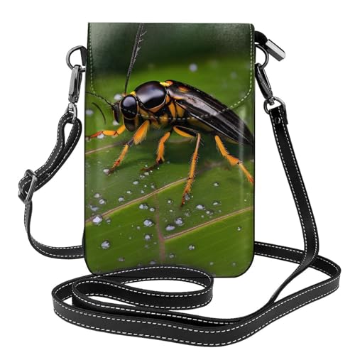 yefan Insects On Leaves Damen-Umhängetasche, Handy-Geldbörse mit Reißverschluss, verstellbarer Schultergurt. von yefan