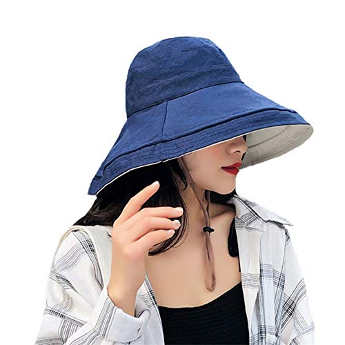 Faltbarer Damen-Sonnenhut mit breiter Krempe, UV-Schutz, Baumwolle, Strandhut, Sommerhut, blau / weiß, Einheitsgröße von Yelesley