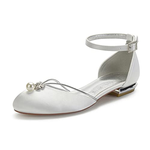 Hochzeitsschuhe Der Frauen Mit Flachem Absatz ​Ballerinas Satin Knöchelriemen Runde Zehen Brautschuhe,Elfenbein,42 EU von yesTGE