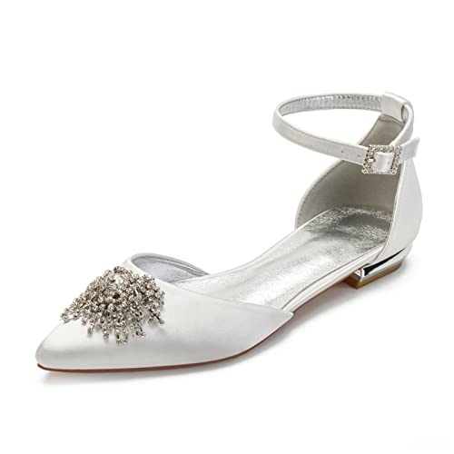 Hochzeitsschuhe Der Frauen Mit Flachem Absatz Ballerinas Satin Knöchelriemen Spitze Zehe Brautschuhe,Elfenbein,43 EU von yesTGE