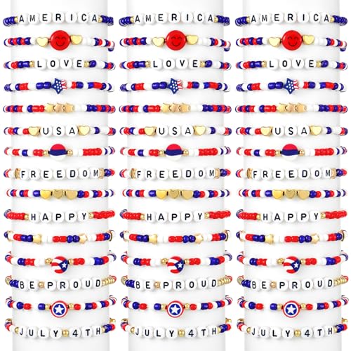 yesaior 60 Stück Unabhängigkeitstag-Armbänder, Großpackung 4. Juli, Freundschaft, verstellbare Perlenarmbänder, USA, Ton, Surfer, Heishi, patriotischer Schmuck für Frauen, Geschenk, Partyzubehör von yesaior