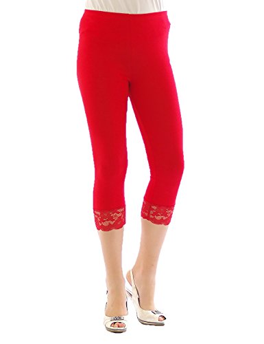 YESET Capri 3/4 Leggings Spitze Baumwolle Leggins Spitzenrand ROT XL von YESET