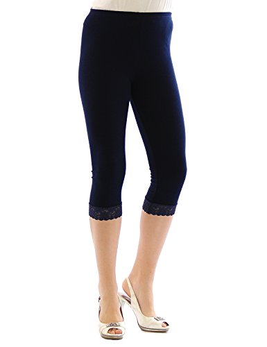 YESET Capri 3/4 Leggings Spitze Baumwolle Leggins Spitzenrand DUNKELBLAU S von YESET