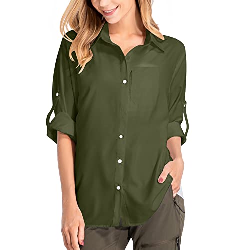 yeyity Damen Hemdbluse UV Schutz Langarmshirt Damen Schnell Trocknende Sport Shirts Wandershirt Safari Casual Button Up Tops Strandurlaub Elegant Bluse（5019,Amy Green,2XL von yeyity