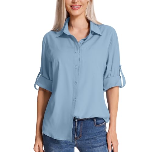 yeyity Damen Hemdbluse UV Schutz Langarmshirt Damen Schnell Trocknende Sport Shirts Wandershirt Safari Casual Button Up Tops Strandurlaub Elegant Bluse（5019,Blue,2XL von yeyity