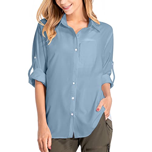 yeyity Damen Hemdbluse UV Schutz Langarmshirt Damen Schnell Trocknende Sport Shirts Wandershirt Safari Casual Button Up Tops Strandurlaub Elegant Bluse（5019,Blue,S von yeyity