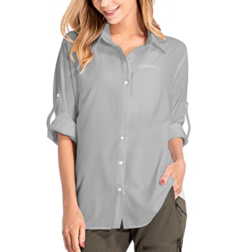 yeyity Damen Hemdbluse UV Schutz Langarmshirt Damen Schnell Trocknende Sport Shirts Wandershirt Safari Casual Button Up Tops Strandurlaub Elegant Bluse（5019,Grey,3XL von yeyity