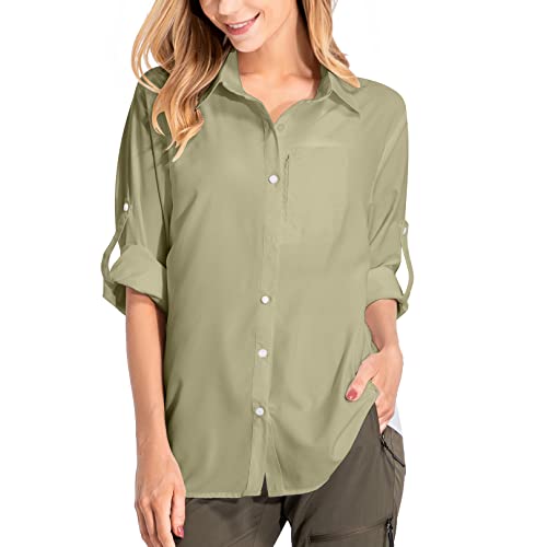 yeyity Damen Hemdbluse UV Schutz Langarmshirt Damen Schnell Trocknende Sport Shirts Wandershirt Safari Casual Button Up Tops Strandurlaub Elegant Bluse（5019,Khaki,2XL von yeyity