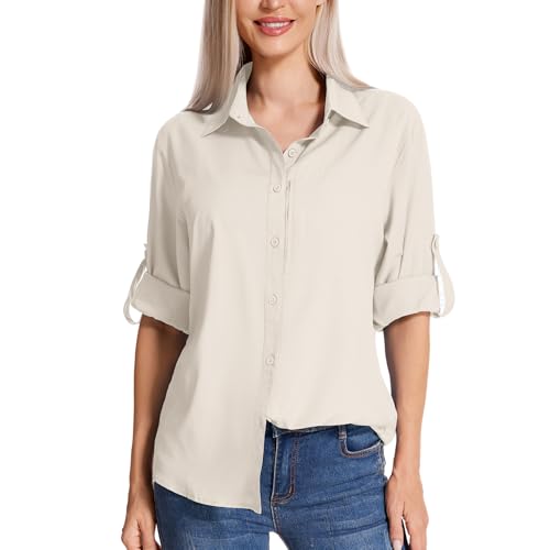 yeyity Damen Hemdbluse UV Schutz Langarmshirt Damen Schnell Trocknende Sport Shirts Wandershirt Safari Casual Button Up Tops Strandurlaub Elegant Bluse(5019,Light Khaki,XL) von yeyity