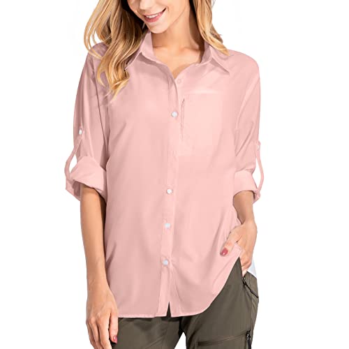 yeyity Damen Hemdbluse UV Schutz Langarmshirt Damen Schnell Trocknende Sport Shirts Wandershirt Safari Casual Button Up Tops Strandurlaub Elegant Bluse（5019,Pink,2XL von yeyity