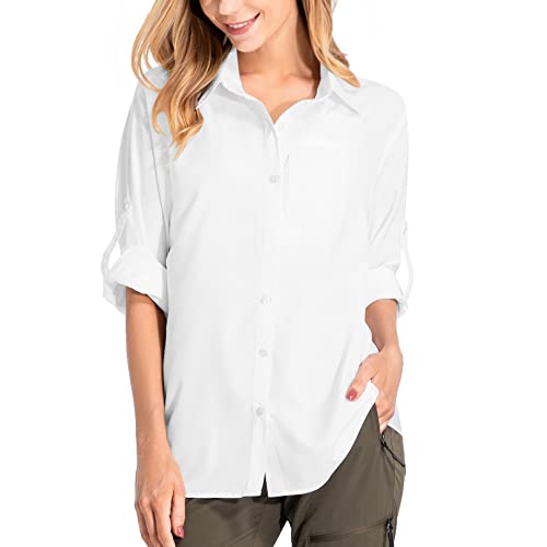 yeyity Damen Hemdbluse UV Schutz Langarmshirt Damen Schnell Trocknende Sport Shirts Wandershirt Safari Casual Button Up Tops Strandurlaub Elegant Bluse（5019,White,3XL von yeyity