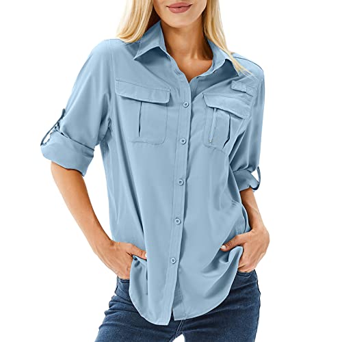yeyity Hemd Damen UPF 50+ UV Schutz Langarmshirt Damen Outdoor Schnelltrocknend Sommer Shirts Safari Kleidung Wanderhemd Casual Button Down Tops(5071,Blue,M) von yeyity