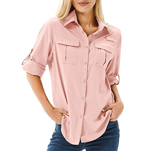 yeyity Hemd Damen UPF 50+ UV Schutz Langarmshirt Damen Outdoor Schnelltrocknend Sommer Shirts Safari Kleidung Wanderhemd Casual Button Down Tops(5071,Pink,2XL) von yeyity