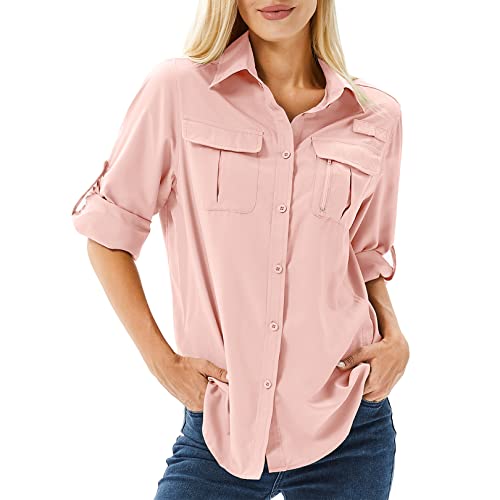 yeyity Hemd Damen UPF 50+ UV Schutz Langarmshirt Damen Outdoor Schnelltrocknend Sommer Shirts Safari Kleidung Wanderhemd Casual Button Down Tops(5071,Pink,L) von yeyity