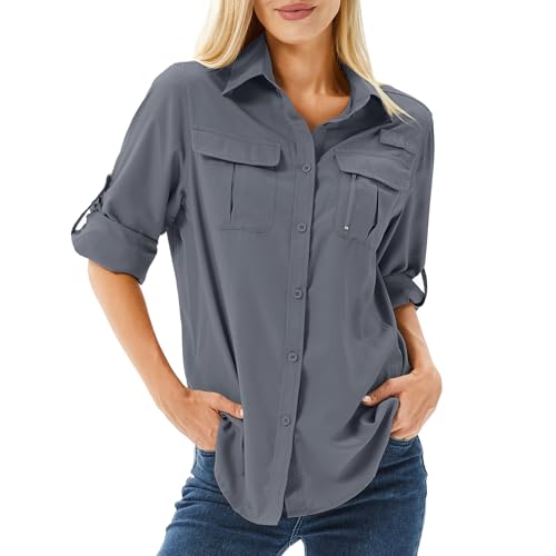 yeyity Damen Hemdbluse UPF 50+ UV Schutz Langarmshirt Outdoor Wanderhemd Safari Kleidung Atmungsaktiv Quick Dry Casual Tops Sport Oberteile (5071, Dark Grey, XL) von yeyity