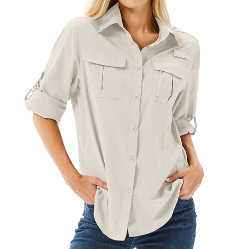 yeyity Hemdbluse Damen UPF 50+ UV Schutz Langarmshirt Damen Outdoor Wanderhemd Safari Kleidung Damen Atmungsaktiv Quick Dry Casual Tops Sport Oberteile(5071,Light Khaki,XS) von yeyity