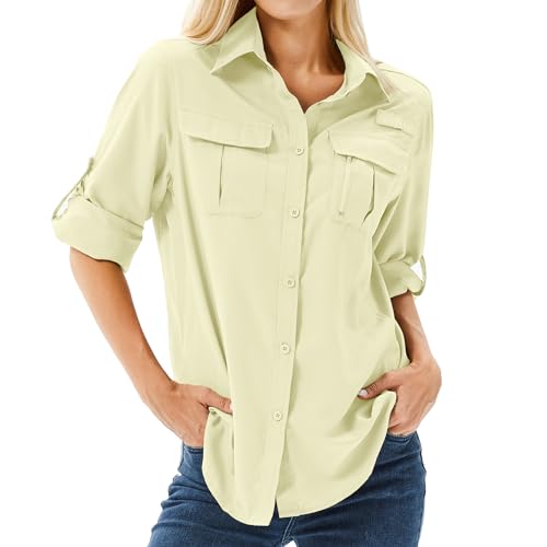 yeyity Hemdbluse Damen UPF 50+ UV Schutz Langarmshirt Damen Outdoor Wanderhemd Safari Kleidung Damen Atmungsaktiv Quick Dry Casual Tops Sport Oberteile(5071,Yellow,2XL) von yeyity