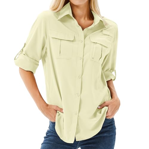 yeyity Hemdbluse Damen UPF 50+ UV Schutz Langarmshirt Damen Outdoor Wanderhemd Safari Kleidung Damen Atmungsaktiv Quick Dry Casual Tops Sport Oberteile(5071,Yellow,L) von yeyity