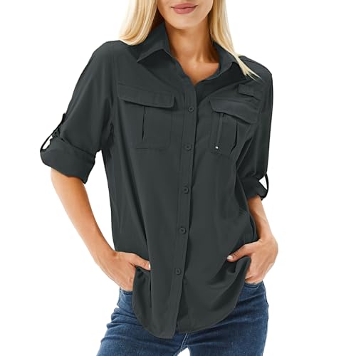 yeyity Hemdbluse Damen UPF 50+ UV Schutz Langarmshirt Outdoor Wanderhemd Safari Kleidung Damen Atmungsaktiv Quick Dry Casual Tops Sport Oberteile(5071,Black Grey,XL) von yeyity