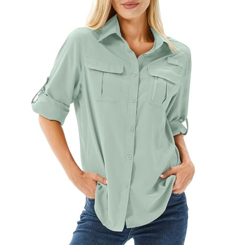 yeyity Hemdbluse Damen UPF 50 UV Schutz Langarmshirt Damen Outdoor Wanderhemd Safari Kleidung Damen Atmungsaktiv Quick Dry Casual Tops Sport Oberteile(5071,-Bean Green,2XL) von yeyity