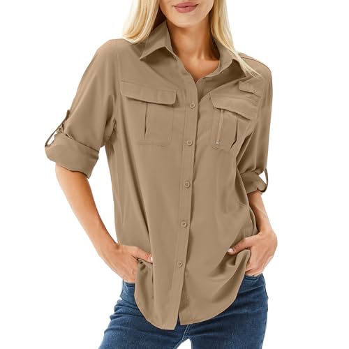 yeyity Hemdbluse Damen UPF 50 UV Schutz Langarmshirt Damen Outdoor Wanderhemd Safari Kleidung Damen Atmungsaktiv Quick Dry Casual Tops Sport Oberteile(5071,-Gravel Brown,S) von yeyity