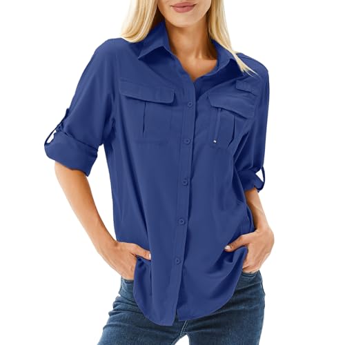 yeyity Hemdbluse Damen UPF 50 UV Schutz Langarmshirt Damen Outdoor Wanderhemd Safari Kleidung Damen Atmungsaktiv Quick Dry Casual Tops Sport Oberteile(5071,-Haze Blue,XS) von yeyity