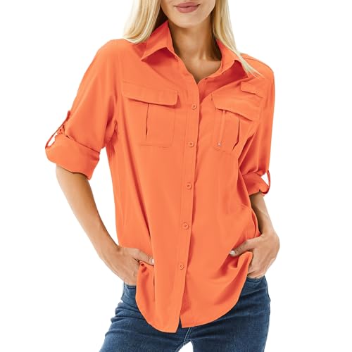 yeyity Hemdbluse Damen UPF 50 UV Schutz Langarmshirt Damen Outdoor Wanderhemd Safari Kleidung Damen Atmungsaktiv Quick Dry Casual Tops Sport Oberteile(5071,-Orange,M) von yeyity