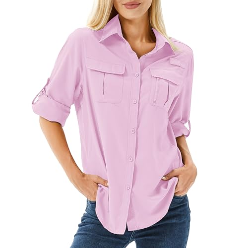 yeyity Hemdbluse Damen UPF 50 UV Schutz Langarmshirt Damen Outdoor Wanderhemd Safari Kleidung Damen Atmungsaktiv Quick Dry Casual Tops Sport Oberteile(5071,-Pink Purple,L) von yeyity