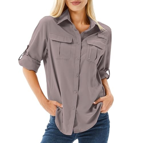 yeyity Hemdbluse Damen UPF 50 UV Schutz Langarmshirt Damen Outdoor Wanderhemd Safari Kleidung Damen Atmungsaktiv Quick Dry Casual Tops Sport Oberteile(5071,-Purple Grey,2XL) von yeyity