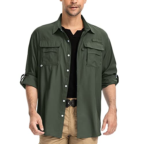 yeyity Outdoor Hemd Herren Langarm Safari Hemd UPF50 UV Schutz Funktionshemd Atmungsaktiv Button Down Hemd Freizeithemd für Wandern Angeln Trekking(5052,Amy Green,3XL) von yeyity