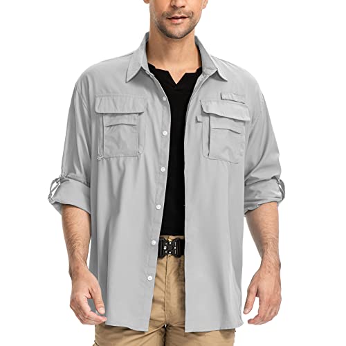 yeyity Herren Safari Hemd UPF50 UV Schutz Langarm Outdoor Hemd Casual Freizeithemden Schnelltrocknendes Funktionshemd für Wandern Angeln Reisen Trekking(5052,Grey,XXL) von yeyity