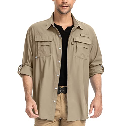 yeyity Herren Safari Hemd UPF50 UV Schutz Langarm Outdoor Hemd Casual Freizeithemden Schnelltrocknendes Funktionshemd für Wandern Angeln Reisen Trekking(5052,Khaki,L) von yeyity