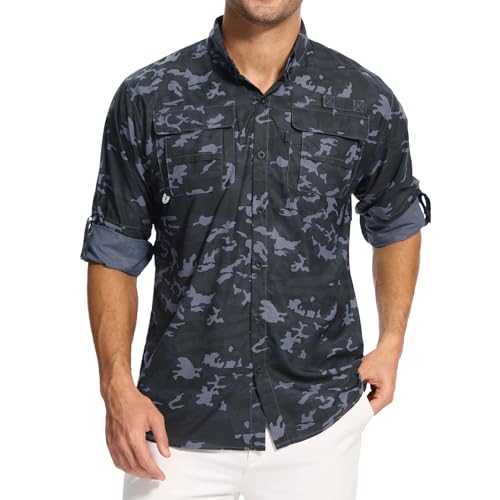 yeyity Herren Safari Hemd UPF50+ UV-Schutz Langarm Outdoor Hemd Casual Freizeithemden Schnelltrocknendes Funktionshemd für Wandern Angeln Reisen Trekking(5052,Black Camo,M) von yeyity