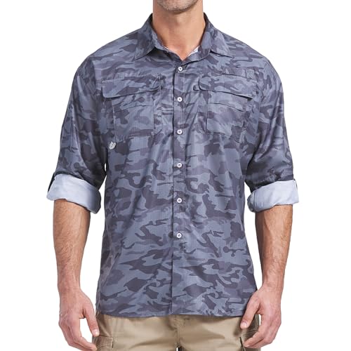 yeyity Herren Safari Hemd UPF50+ UV-Schutz Langarm Outdoor Hemd Casual Freizeithemden Schnelltrocknendes Funktionshemd für Wandern Angeln Reisen Trekking(5052,Camo,L) von yeyity