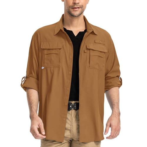 yeyity Herren Safari Hemd UPF50+ UV-Schutz Langarm Outdoor Hemd Casual Freizeithemden Schnelltrocknendes Funktionshemd für Wandern Angeln Reisen Trekking(5052,Caramel,XXL) von yeyity