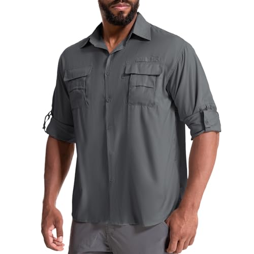 yeyity Herren Safari Hemd UPF50+ UV-Schutz Langarm Outdoor Hemd Casual Freizeithemden Schnelltrocknendes Funktionshemd für Wandern Angeln Reisen Trekking(5052,Dark Grey,XL) von yeyity