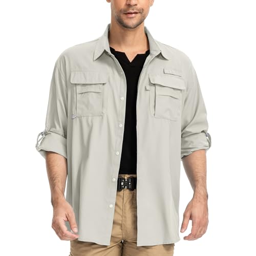 yeyity Herren Safari Hemd UPF50+ UV-Schutz Langarm Outdoor Hemd Casual Freizeithemden Schnelltrocknendes Funktionshemd für Wandern Angeln Reisen Trekking(5052,Light Khaki,XL) von yeyity