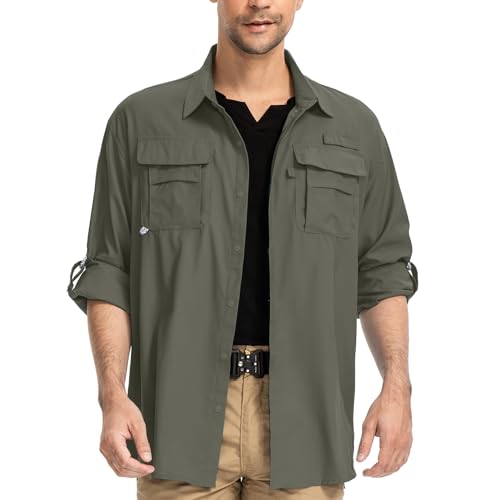 yeyity Herren Safari Hemd UPF50+ UV-Schutz Langarm Outdoor Hemd Casual Freizeithemden Schnelltrocknendes Funktionshemd für Wandern Angeln Reisen Trekking(5052,Mountain Green,L) von yeyity