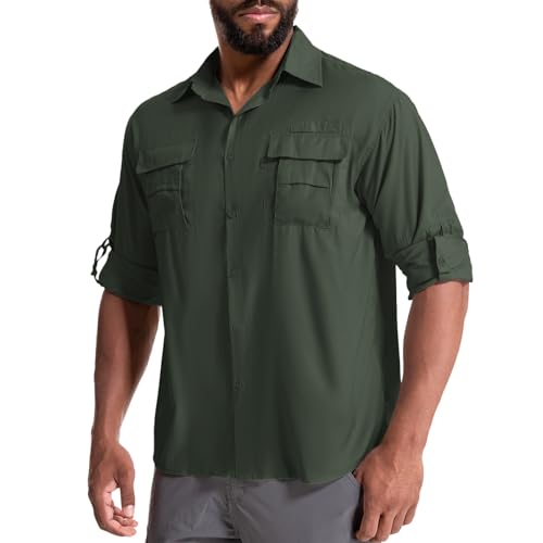 yeyity Herren Safari Hemd UPF50 UV Schutz Langarm Outdoor Hemd Casual Freizeithemden Schnelltrocknendes Funktionshemd für Wandern Angeln Reisen Trekking(5052,Amy Green,L) von yeyity