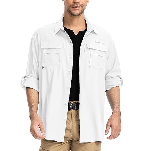 yeyity Outdoor Hemd Herren Langarm Safari Hemd UPF50 UV Schutz Funktionshemd Atmungsaktiv Button Down Hemd Freizeithemd für Wandern Angeln Trekking(5052,White,XL) von yeyity