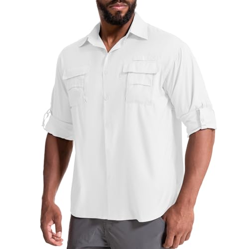 yeyity Herren Safari Hemd UPF50+ UV-Schutz Langarm Outdoor Hemd Casual Freizeithemden Schnelltrocknendes Funktionshemd für Wandern Angeln Reisen Trekking(5052,White,M) von yeyity