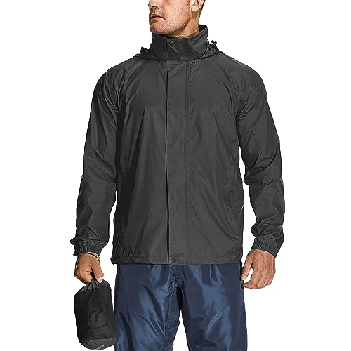 yeyity Regenjacke Herren Wasserdicht Leicht Faltbare Fahrrad Regenjacke mit Kapuze Atmungsaktiver Windbreaker Windjacke Wanderjacke Outdoorjacke(7058,Black,L) von yeyity