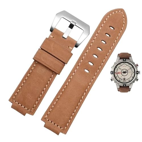 yeziu Konvexer Mund Leder Uhrenarmband für Timex Compass T2n739 T2n720 T2n721 Armband(Light brown silver) von yeziu