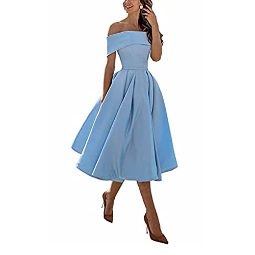 Brautkleid Cocktail Ballkleid,Einschultriger Dreiviertelrock aus Satin in A-Linie,Sky Blue E,US10,Elegant Cocktail Kleid Knielang Faltenrock von yhfshop