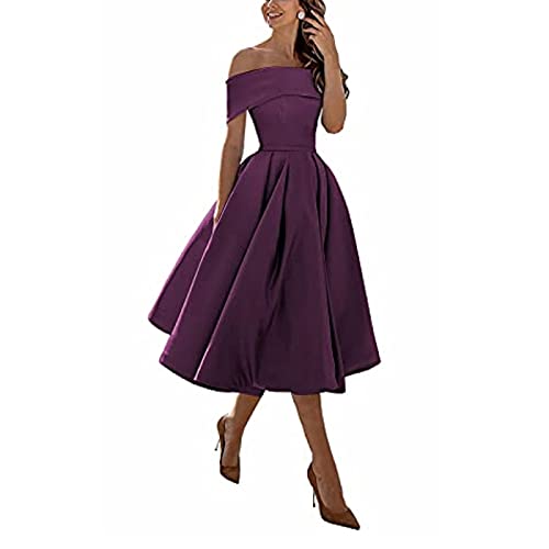 Damen Elegant Brautjungfernkleider,Einschultriger Dreiviertelrock aus Satin in A-Linie,Grape Purple,US10,Kurz Lace Cocktailkleid Festliche Kleid von yhfshop
