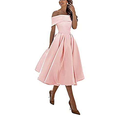 Damen Festliche Elegante Abendkleid,Einschultriger Dreiviertelrock aus Satin in A-Linie,Pink A,US16,Knielang Abschlussball Kleid Damen Festliche Elegante Abendkleid,Einschultriger Dreiviertelrock aus Satin in A-Linie,Pink A,US16,Knielang Abschlussball Kleid von yhfshop