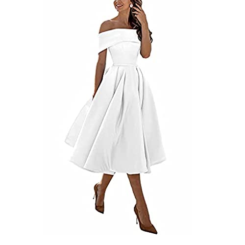 Damen Festliche Elegante Abendkleid,Einschultriger Dreiviertelrock aus Satin in A-Linie,White,US8,Knielang Abschlussball Kleid von yhfshop